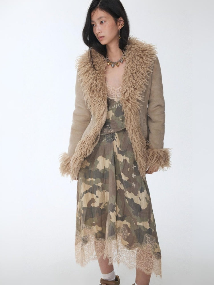 Camouflage Print Lace Stitched V-Neck Mid Length Mesh Spice Girl Sundress【s0000014576】