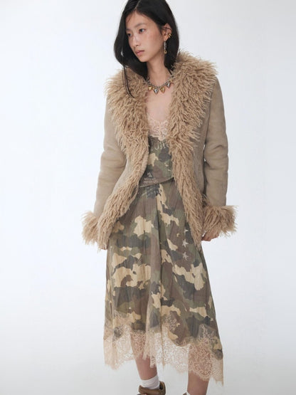Camouflage Print Lace Stitched V-Neck Mid Length Mesh Spice Girl Sundress【s0000014576】