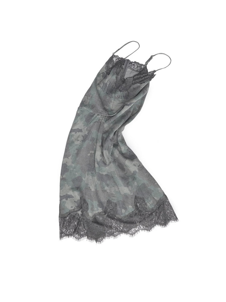 Camouflage Print Lace Stitched V-Neck Mid Length Mesh Spice Girl Sundress【s0000014576】