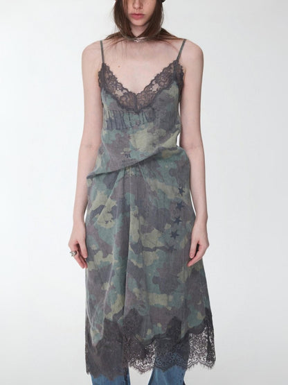 Camouflage Print Lace Stitched V-Neck Mid Length Mesh Spice Girl Sundress【s0000014576】