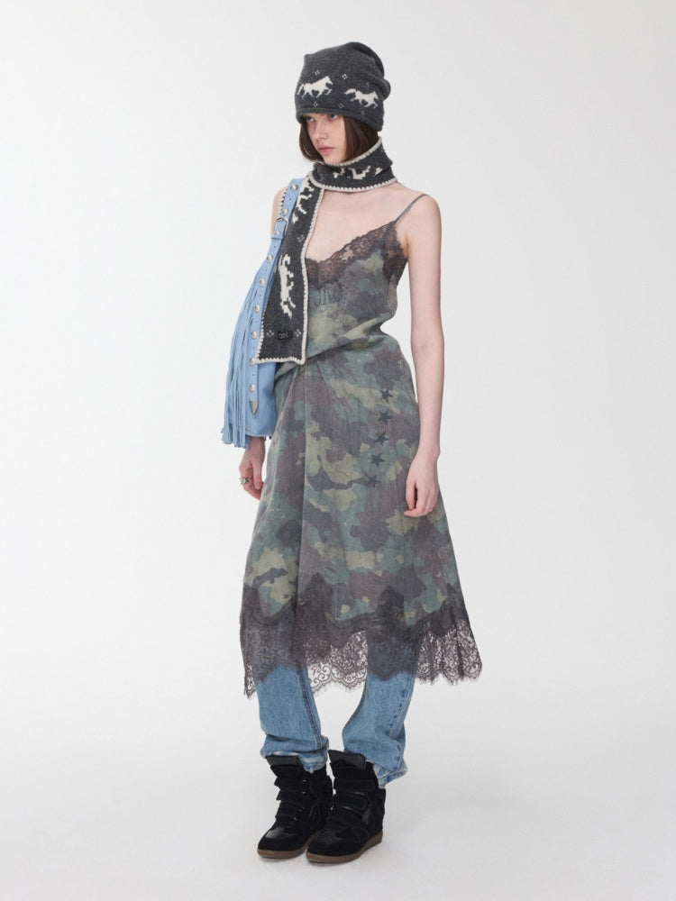 Camouflage Print Lace Stitched V-Neck Mid Length Mesh Spice Girl Sundress【s0000014576】