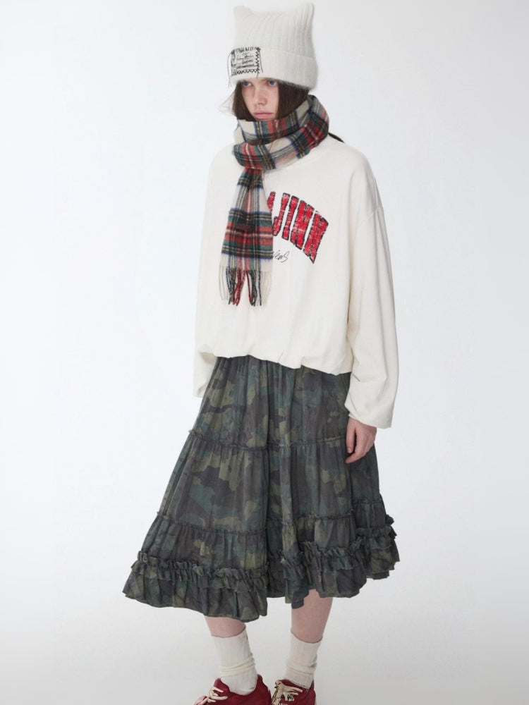 Camouflage Raw Edge Irregular Shirring Midi Length Oversized Cake Skirt【s0000014577】
