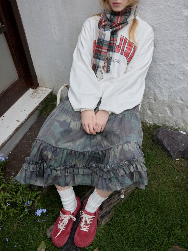 Camouflage Raw Edge Irregular Shirring Midi Length Oversized Cake Skirt【s0000014577】