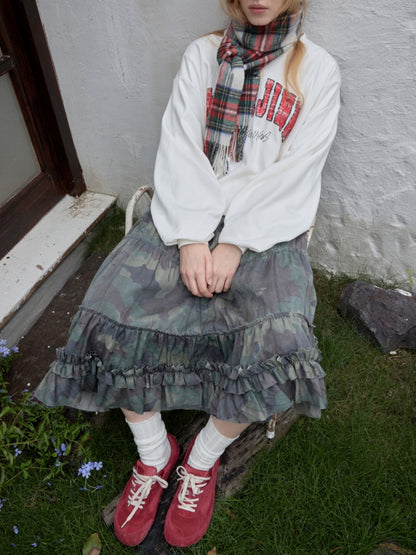Camouflage Raw Edge Irregular Shirring Midi Length Oversized Cake Skirt【s0000014577】