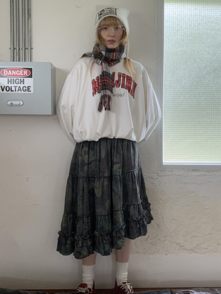 Camouflage Raw Edge Irregular Shirring Midi Length Oversized Cake Skirt【s0000014577】
