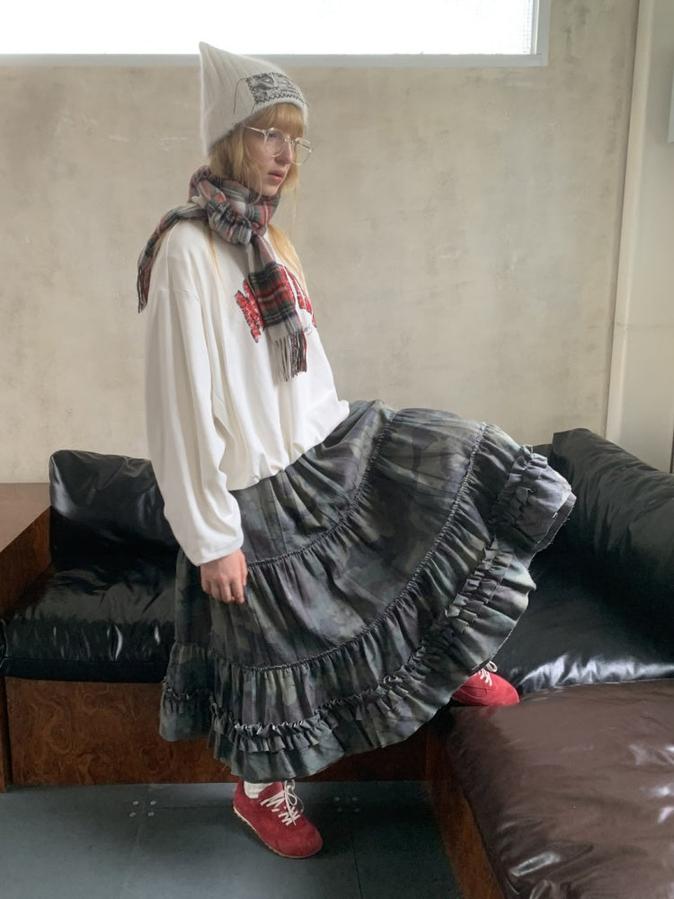 Camouflage Raw Edge Irregular Shirring Midi Length Oversized Cake Skirt【s0000014577】