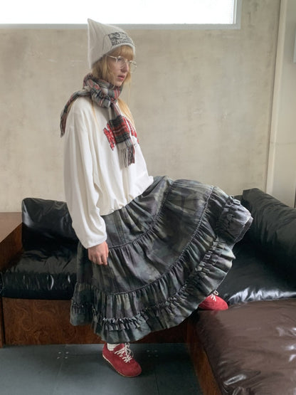 Camouflage Raw Edge Irregular Shirring Midi Length Oversized Cake Skirt【s0000014577】