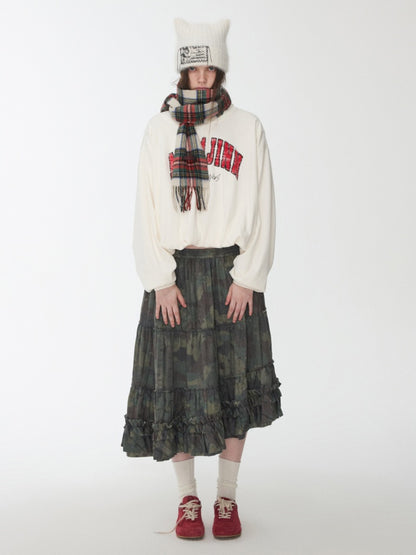 Camouflage Raw Edge Irregular Shirring Midi Length Oversized Cake Skirt【s0000014577】