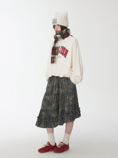 Camouflage Raw Edge Irregular Shirring Midi Length Oversized Cake Skirt【s0000014577】