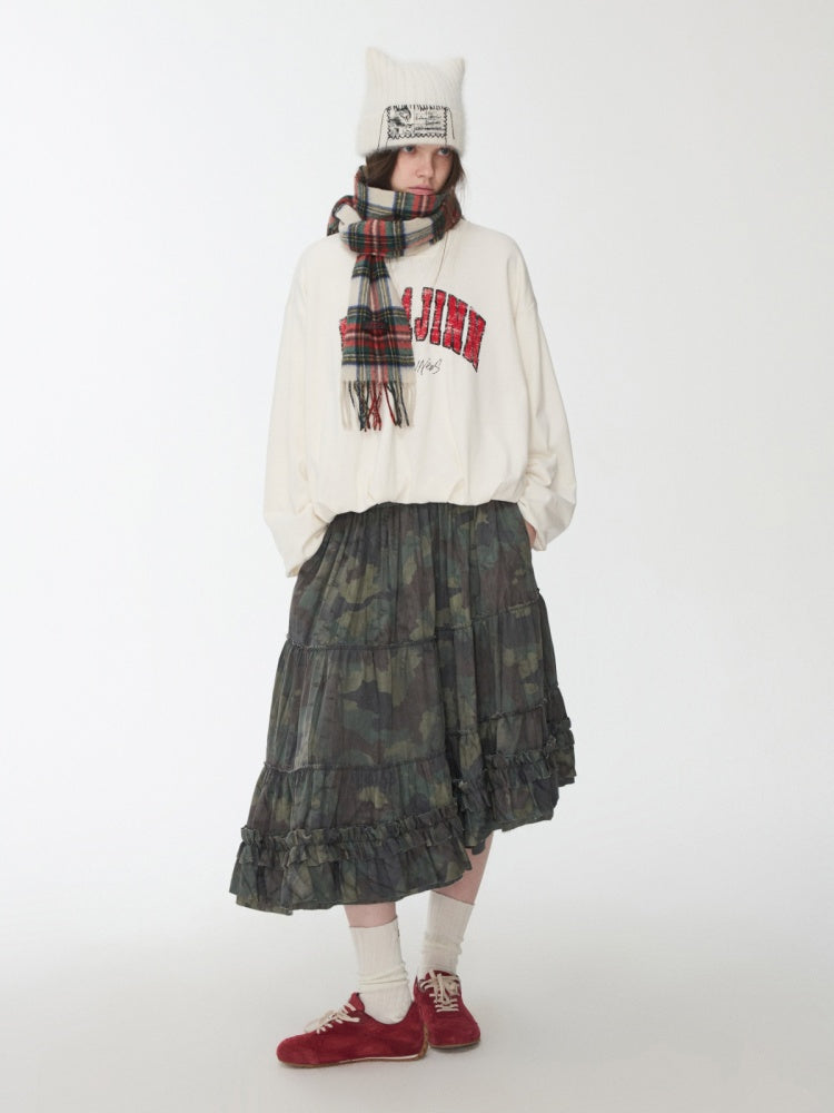 Camouflage Raw Edge Irregular Shirring Midi Length Oversized Cake Skirt【s0000014577】