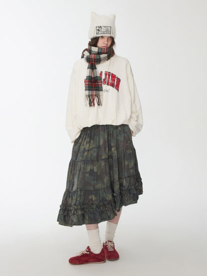 Camouflage Raw Edge Irregular Shirring Midi Length Oversized Cake Skirt【s0000014577】