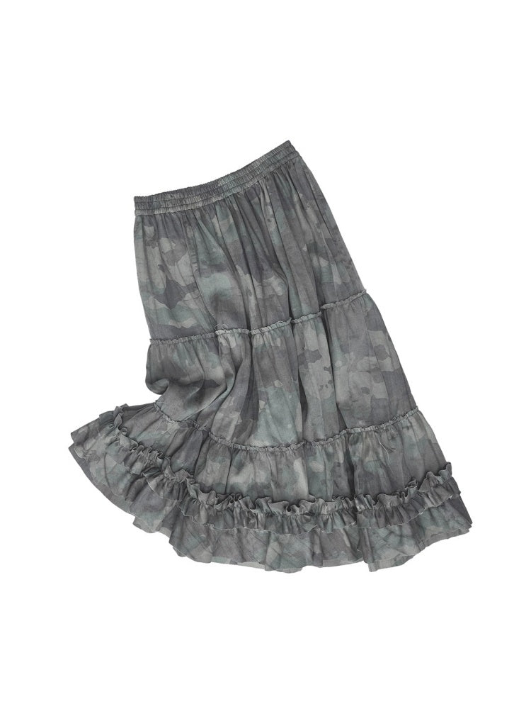 Camouflage Raw Edge Irregular Shirring Midi Length Oversized Cake Skirt【s0000014577】