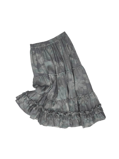 Camouflage Raw Edge Irregular Shirring Midi Length Oversized Cake Skirt【s0000014577】