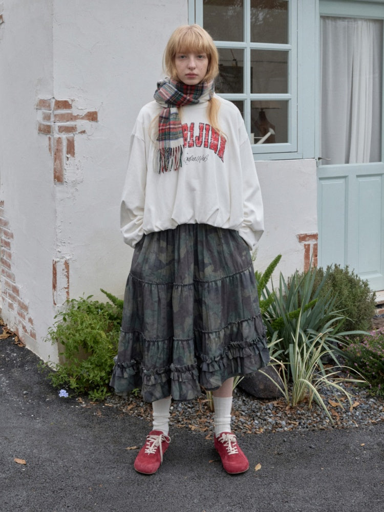 Camouflage Raw Edge Irregular Shirring Midi Length Oversized Cake Skirt【s0000014577】