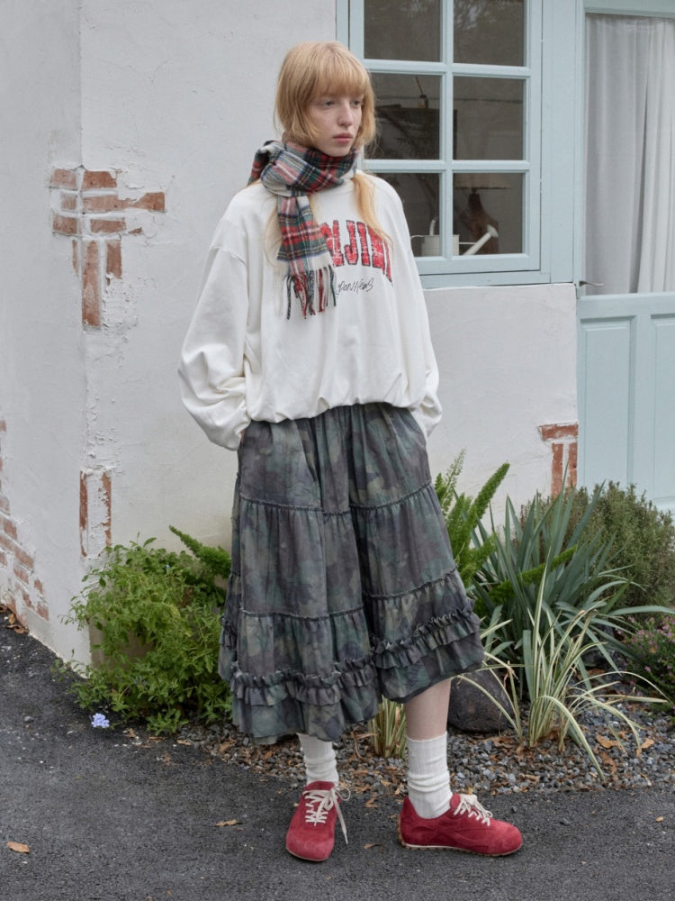 Camouflage Raw Edge Irregular Shirring Midi Length Oversized Cake Skirt【s0000014577】