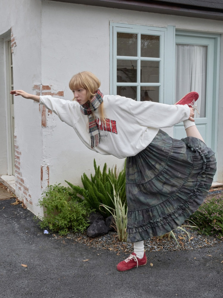 Camouflage Raw Edge Irregular Shirring Midi Length Oversized Cake Skirt【s0000014577】