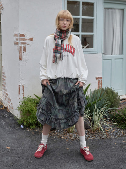 Camouflage Raw Edge Irregular Shirring Midi Length Oversized Cake Skirt【s0000014577】