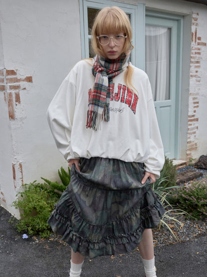 Camouflage Raw Edge Irregular Shirring Midi Length Oversized Cake Skirt【s0000014577】