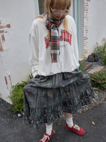 Camouflage Raw Edge Irregular Shirring Midi Length Oversized Cake Skirt【s0000014577】