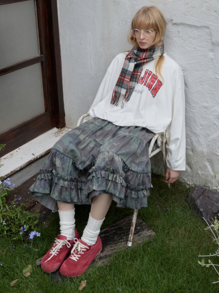 Camouflage Raw Edge Irregular Shirring Midi Length Oversized Cake Skirt【s0000014577】