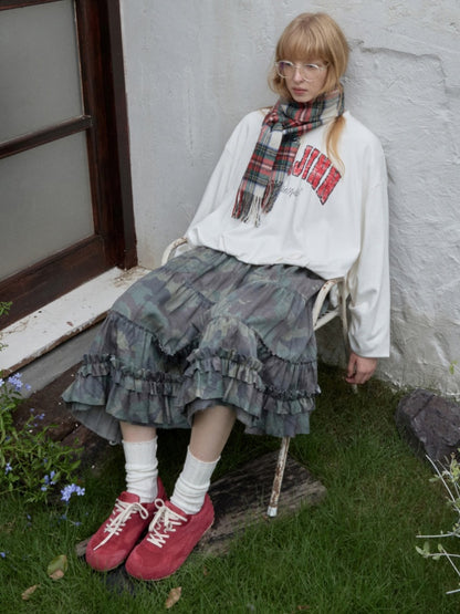 Camouflage Raw Edge Irregular Shirring Midi Length Oversized Cake Skirt【s0000014577】