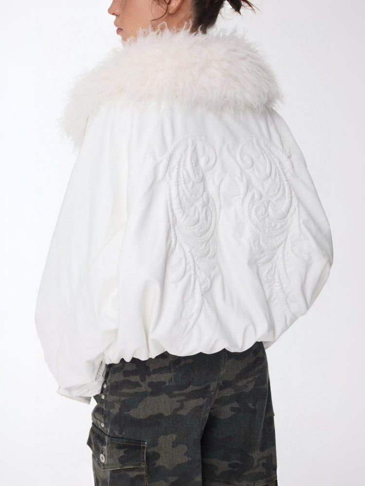 Large Fur Collar Embossed Embroidery Washed Padded Loose Leather Jacket【s0000014578】