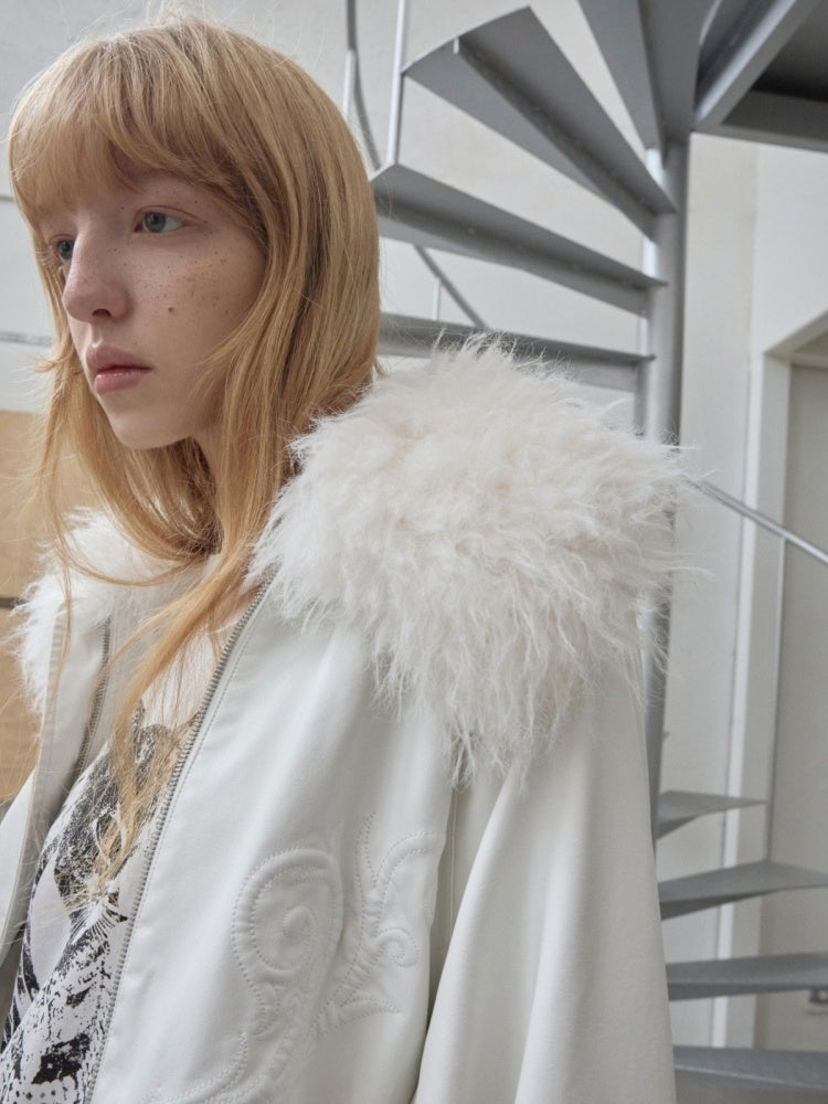 Large Fur Collar Embossed Embroidery Washed Padded Loose Leather Jacket【s0000014578】