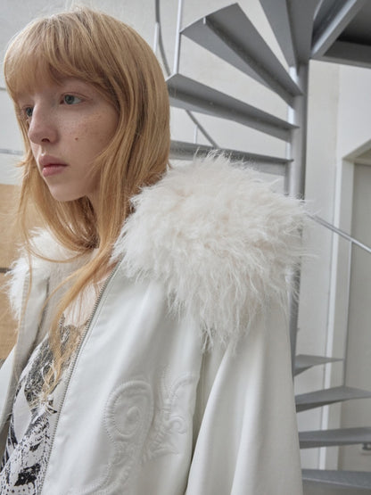 Large Fur Collar Embossed Embroidery Washed Padded Loose Leather Jacket【s0000014578】