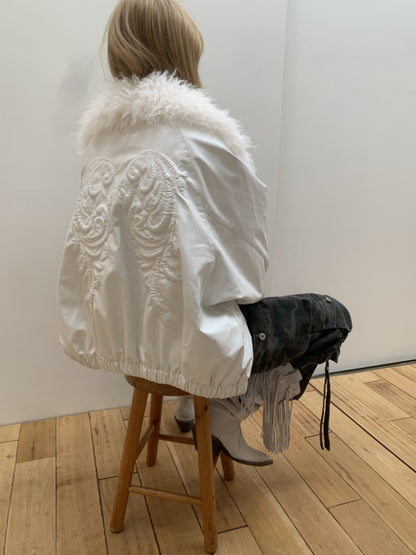 Large Fur Collar Embossed Embroidery Washed Padded Loose Leather Jacket【s0000014578】