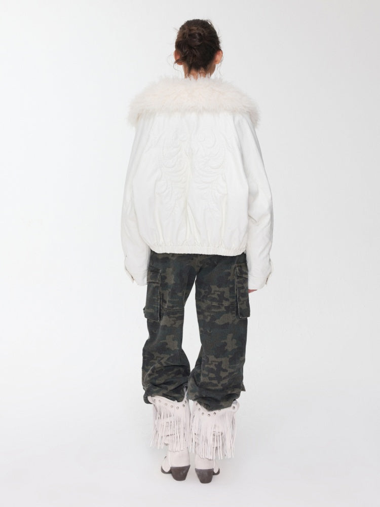 Large Fur Collar Embossed Embroidery Washed Padded Loose Leather Jacket【s0000014578】