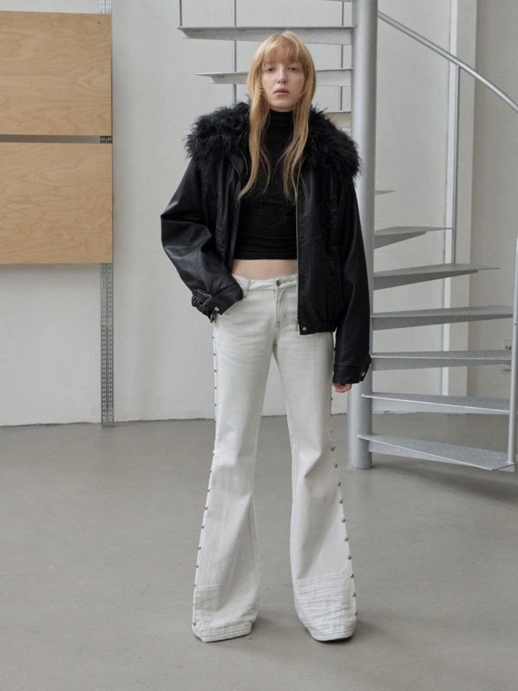 Large Fur Collar Embossed Embroidery Washed Padded Loose Leather Jacket【s0000014578】