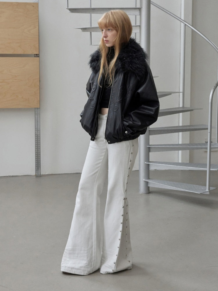 Large Fur Collar Embossed Embroidery Washed Padded Loose Leather Jacket【s0000014578】