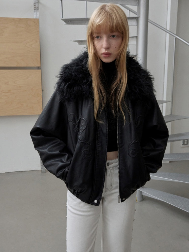 Large Fur Collar Embossed Embroidery Washed Padded Loose Leather Jacke ...