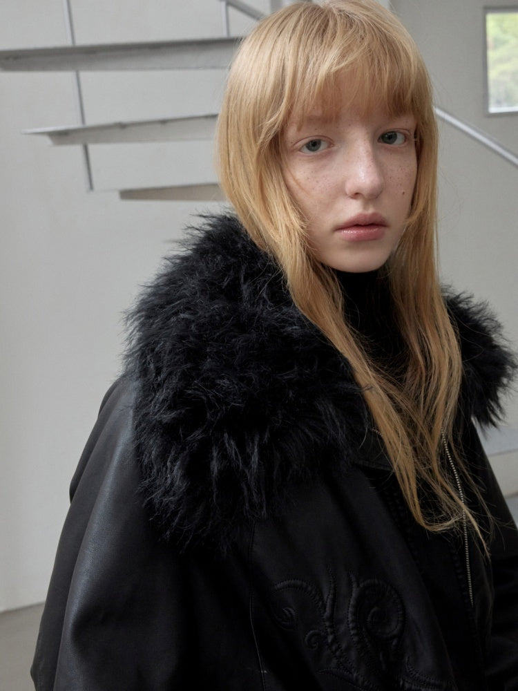 Large Fur Collar Embossed Embroidery Washed Padded Loose Leather Jacket【s0000014578】