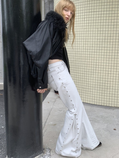 Large Fur Collar Embossed Embroidery Washed Padded Loose Leather Jacket【s0000014578】