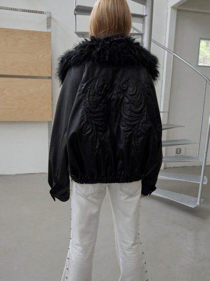 Large Fur Collar Embossed Embroidery Washed Padded Loose Leather Jacket【s0000014578】
