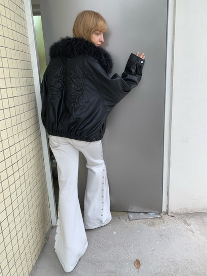Large Fur Collar Embossed Embroidery Washed Padded Loose Leather Jacket【s0000014578】
