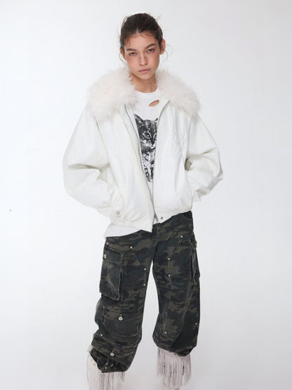 Large Fur Collar Embossed Embroidery Washed Padded Loose Leather Jacket【s0000014578】