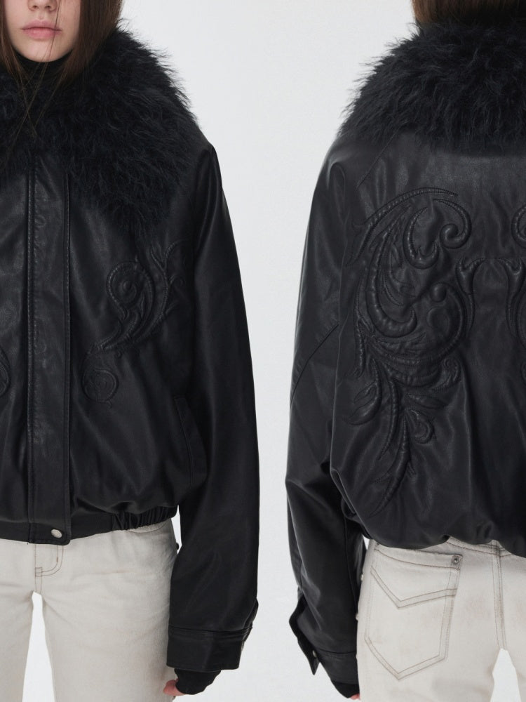 Large Fur Collar Embossed Embroidery Washed Padded Loose Leather Jacket【s0000014578】