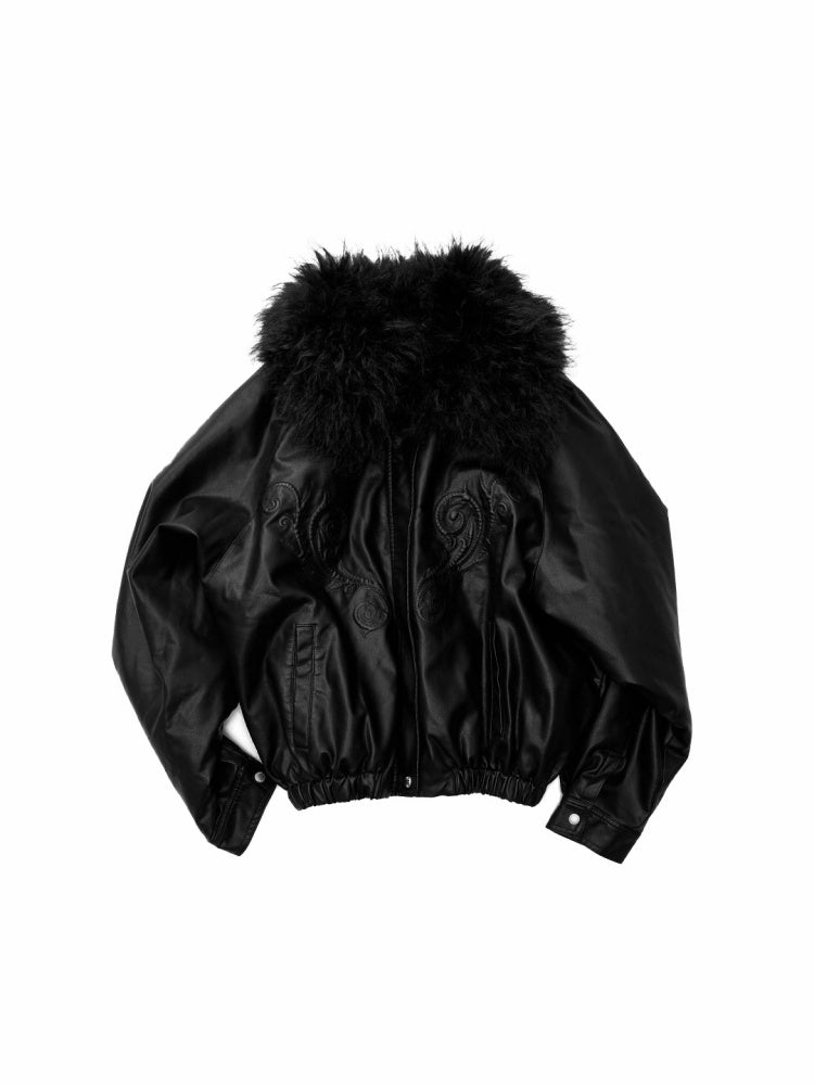 Large Fur Collar Embossed Embroidery Washed Padded Loose Leather Jacket【s0000014578】