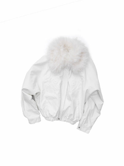 Large Fur Collar Embossed Embroidery Washed Padded Loose Leather Jacket【s0000014578】