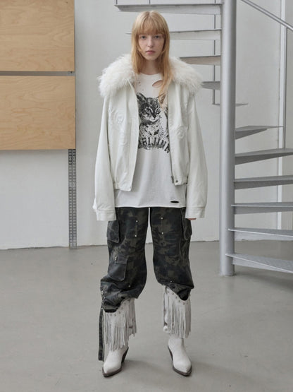 Large Fur Collar Embossed Embroidery Washed Padded Loose Leather Jacket【s0000014578】