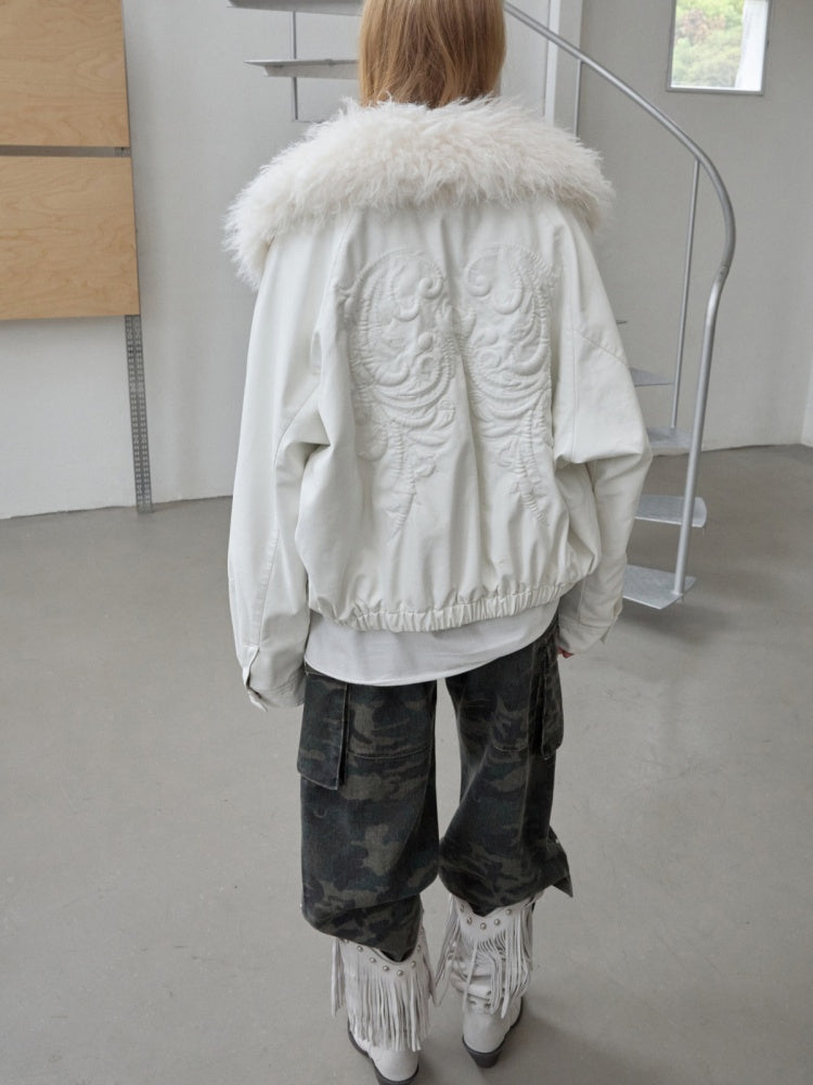 Large Fur Collar Embossed Embroidery Washed Padded Loose Leather Jacket【s0000014578】