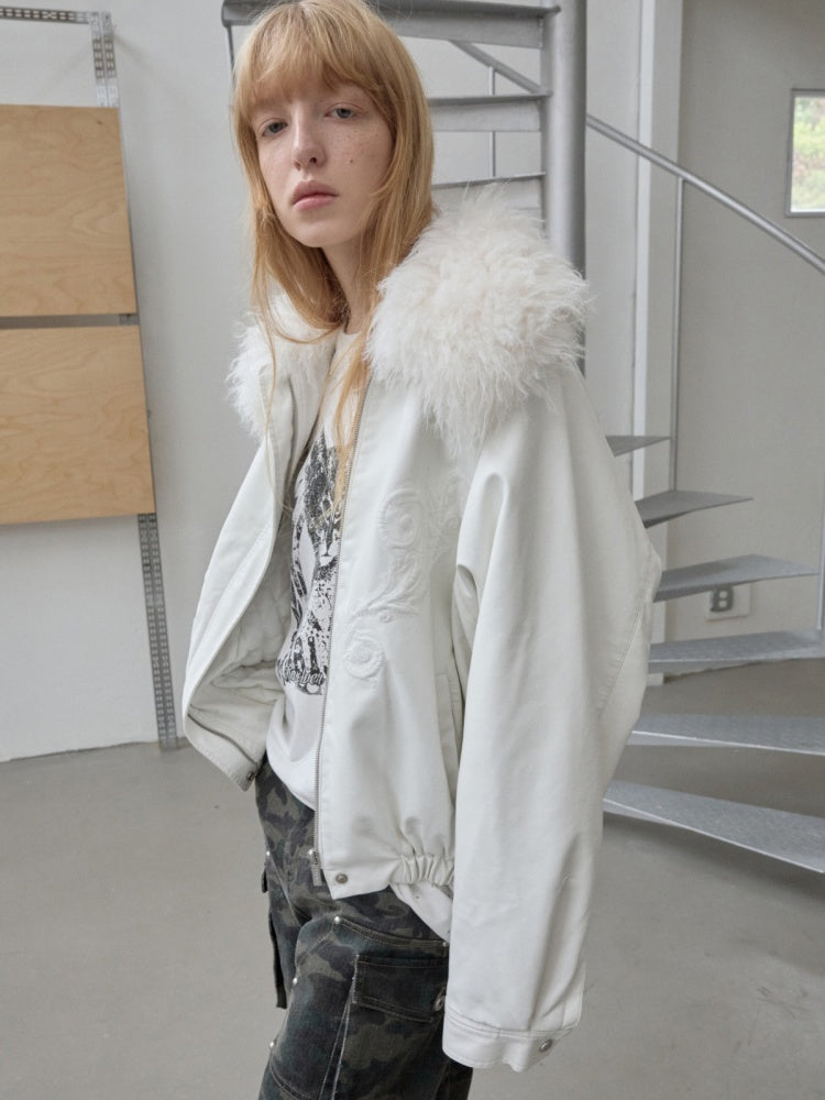 Large Fur Collar Embossed Embroidery Washed Padded Loose Leather Jacket【s0000014578】