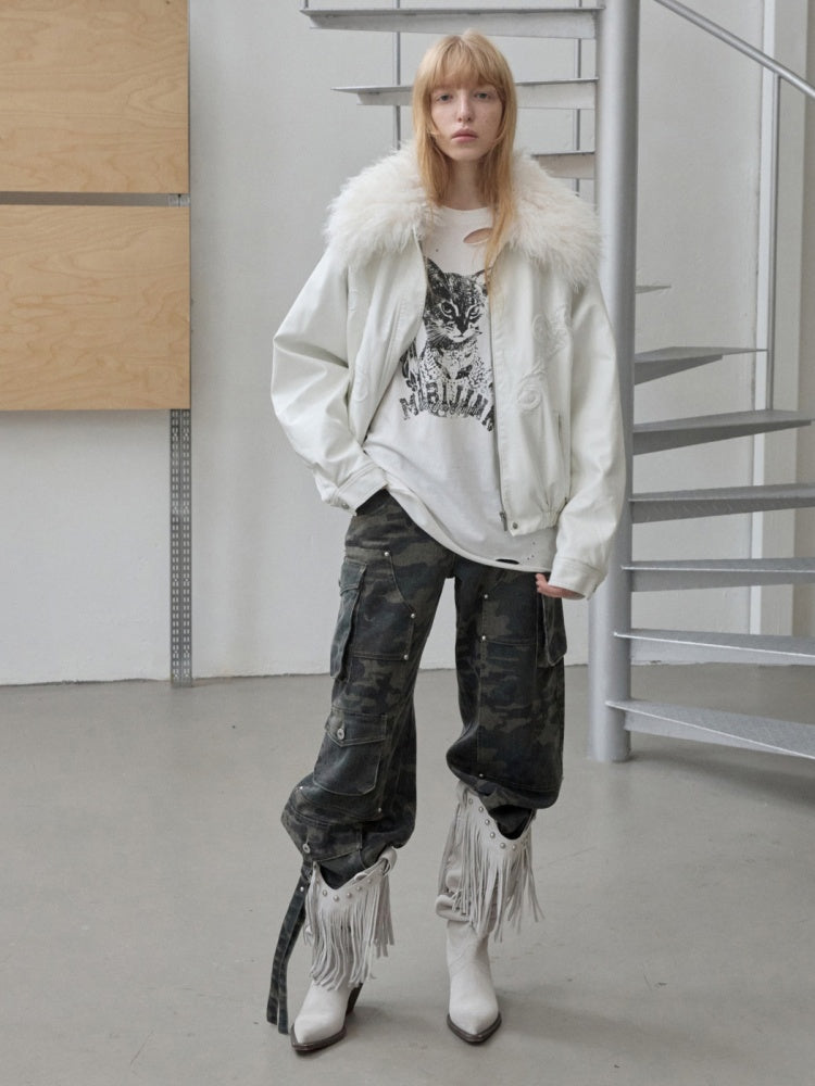 Large Fur Collar Embossed Embroidery Washed Padded Loose Leather Jacket【s0000014578】