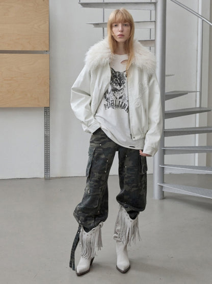 Large Fur Collar Embossed Embroidery Washed Padded Loose Leather Jacket【s0000014578】