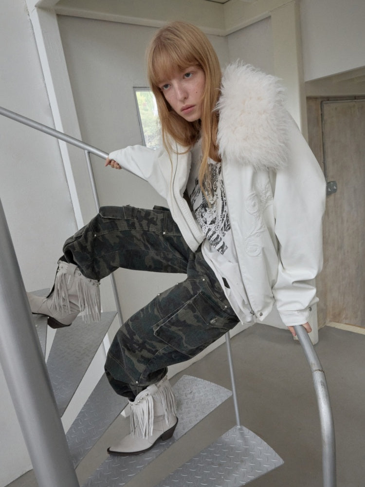 Large Fur Collar Embossed Embroidery Washed Padded Loose Leather Jacket【s0000014578】