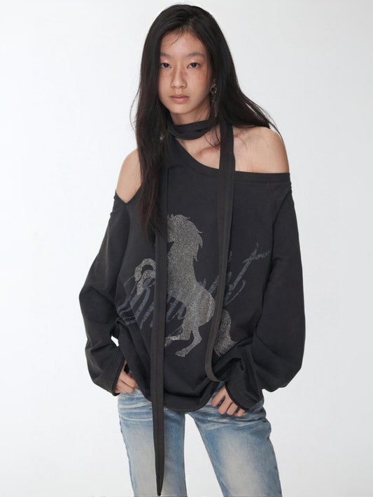 Knight Horse Print Hot Diamond Strap Loose Sweatshirt Slanted Shoulder Asymmetrical Long Sleeve Top【s0000014580】