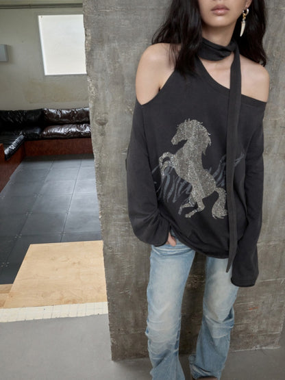 Knight Horse Print Hot Diamond Strap Loose Sweatshirt Slanted Shoulder Asymmetrical Long Sleeve Top【s0000014580】