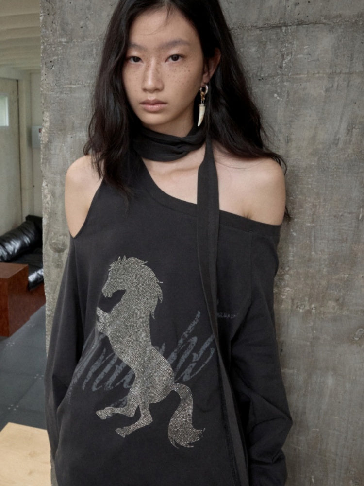 Knight Horse Print Hot Diamond Strap Loose Sweatshirt Slanted Shoulder Asymmetrical Long Sleeve Top【s0000014580】